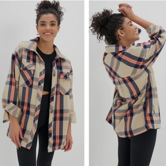 AERIE OFFLINE Flannel Button Down Jacket Shacket In Soft Oat Navy Orange Size S - Picture 1 of 16